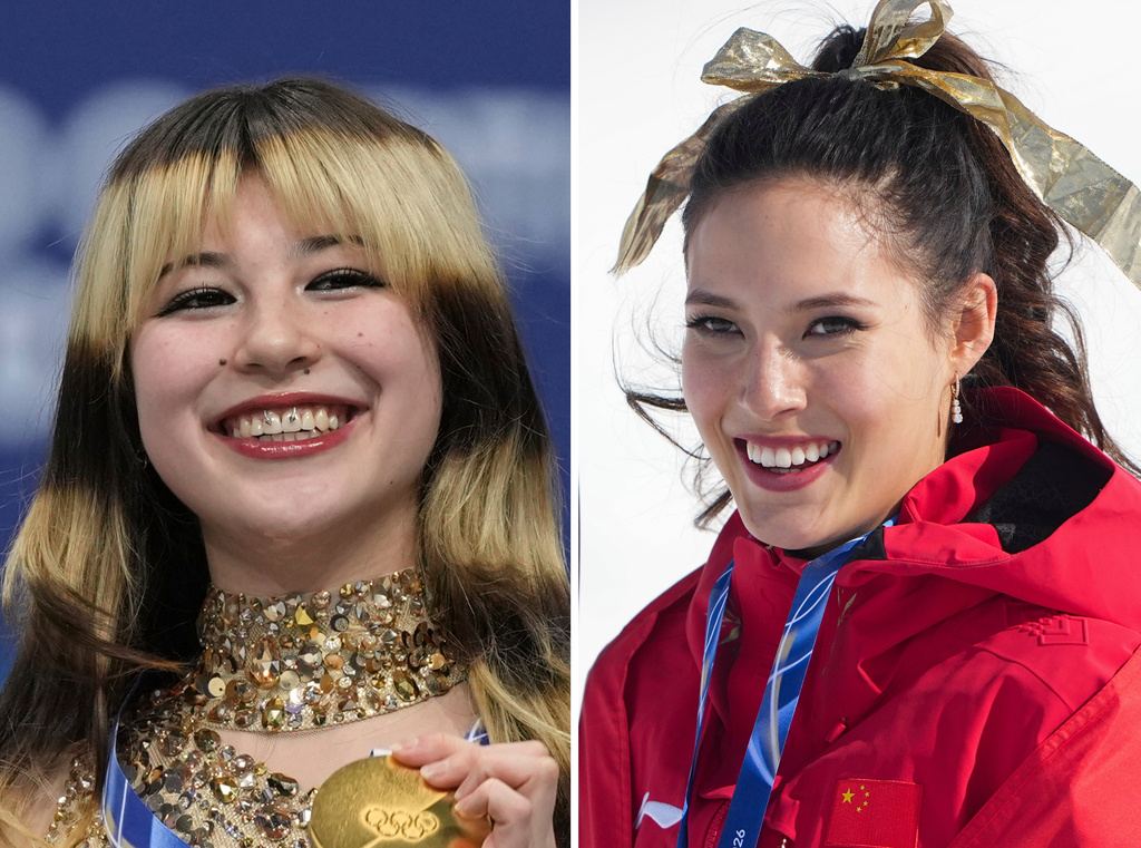 This photo combo shows, from left, Gold medalist Alysa Liu of the United States in Milan, Italy, Thursday, Feb. 19, 2026 and Gold medalist China's Eileen Gu in Livigno, Italy, Sunday, Feb. 22, 2026. (AP Photo/File)