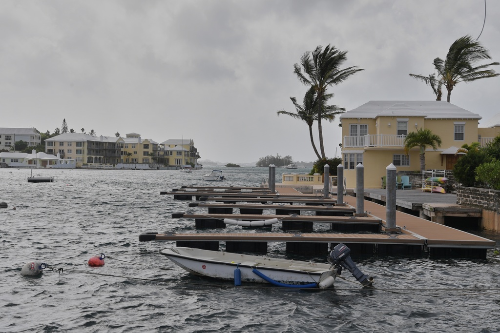 Trees blow in the wind on a pier ahead of Hurricane Imelda's expected arrival in Hamilton, Bermuda, Wednesday, Oct. 1, 2025. (AP Photo/Anthony Wade)