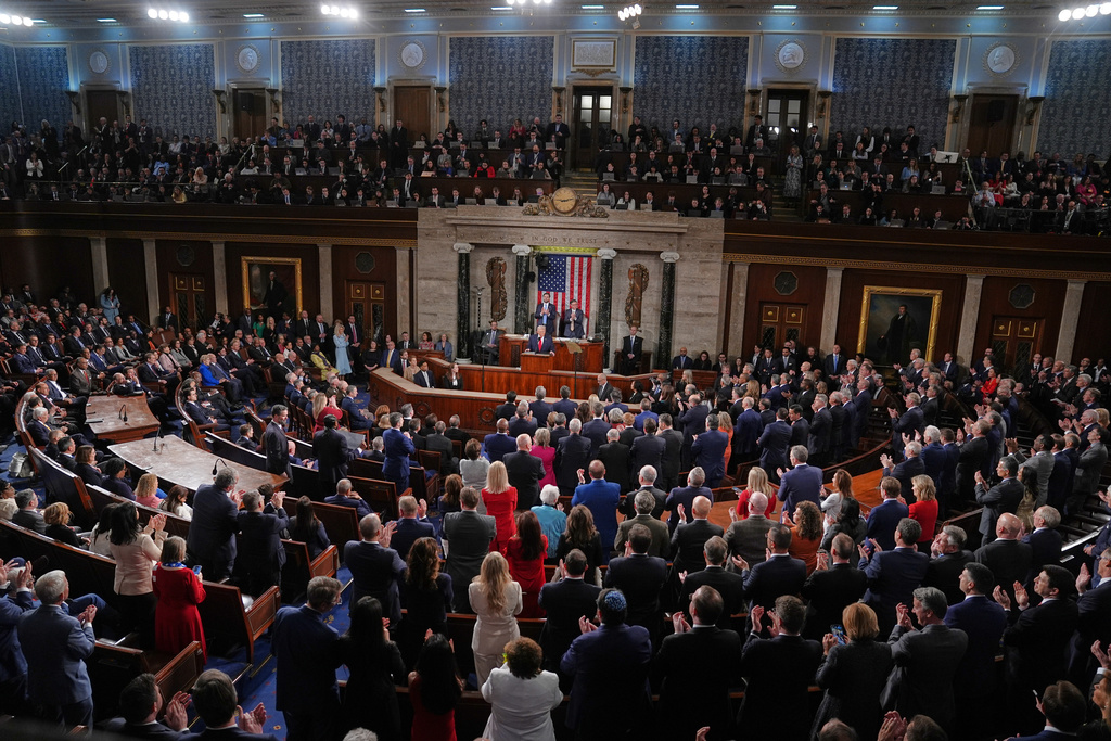 President Donald Trump delivers the State of the Union address to a joint session of Congress in the House chamber at the U.S. Capitol in Washington, Tuesday, Feb. 24, 2026. (AP Photo/Matt Rourke)
