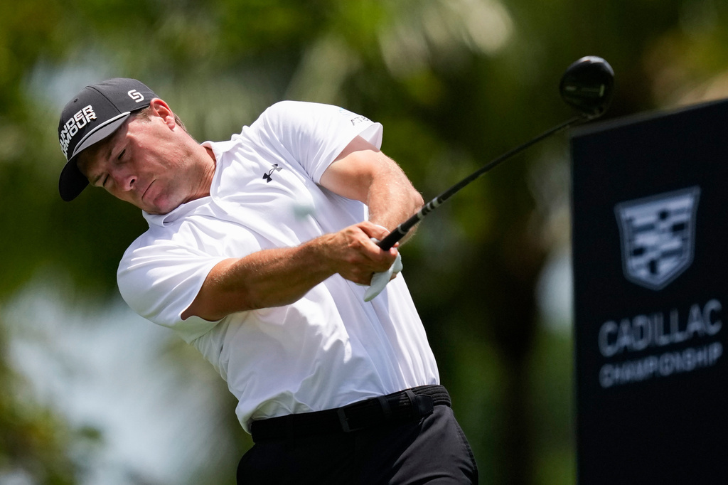 Jordan Spieth hits from the second tee during the third round of the Cadillac Championship PGA golf tournament Saturday, May 2, 2026, in Doral, Fla. (AP Photo/David J. Phillip)