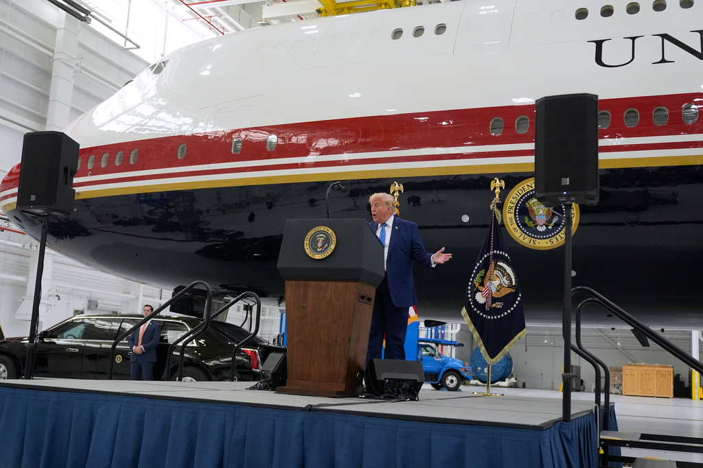 President Donald Trump speaks after touring the newly designated Air Force One presidential aircraft at Joint Base Andrews, Md., Friday, June 19, 2026. (AP Photo/Manuel Balce Ceneta)