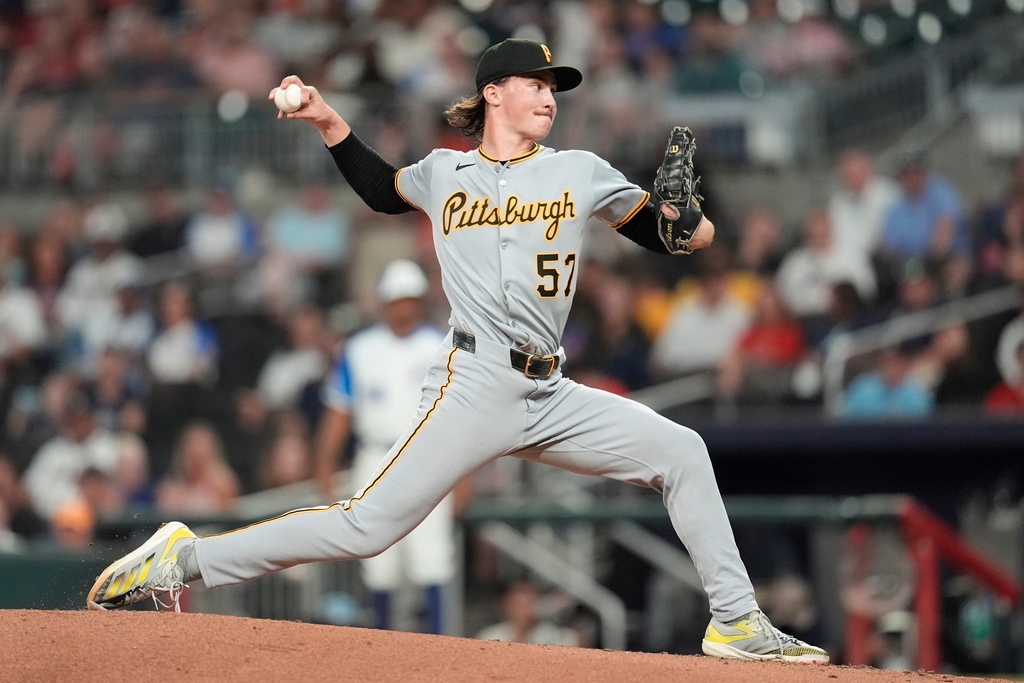Pittsburgh Pirates pitcher Bubba Chandler (57) works in the fifth inning against the Atlanta Braves of a baseball game, Saturday, Sept. 27, 2025, in Atlanta. (AP Photo/Mike Stewart)