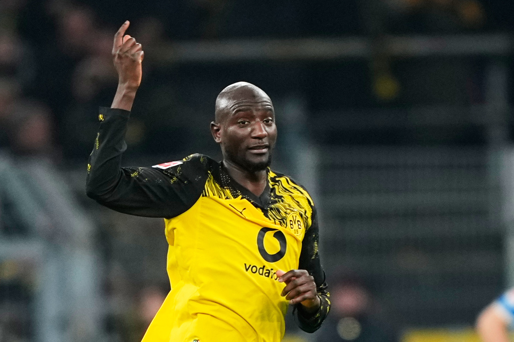 Dortmund's Serhou Guirassy celebrates after scoring during the German Bundesliga soccer match between Borussia Dortmund and FC Heidenheim in Dortmund, Germany, Sunday, Feb. 1, 2026. (AP Photo/Martin Meissner)