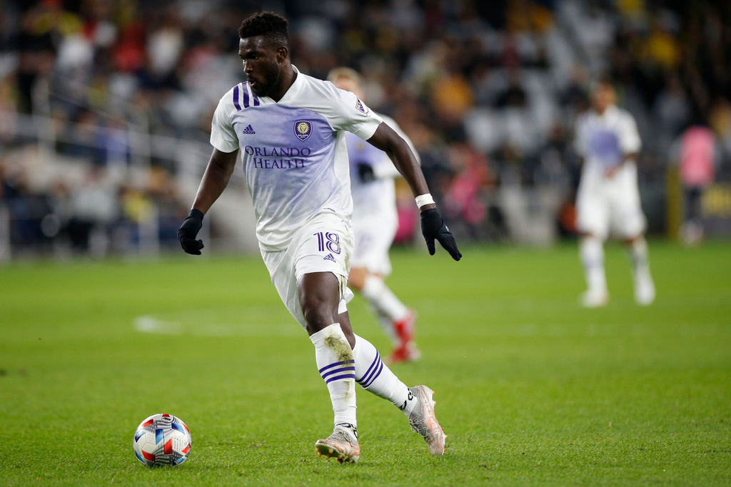 FILE - Orlando City's Daryl Dike plays against the Columbus Crew during an MLS soccer match Oct. 27, 2021, in Columbus, Ohio. (AP Photo/Jay LaPrete, File)