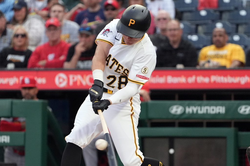 Pittsburgh Pirates' Jake Mangum drives in a run with a single off a pitch from St. Louis Cardinals' Dustin May in the second inning of a baseball game in Pittsburgh, Monday, April 27, 2026. (AP Photo/Tom E. Puskar)