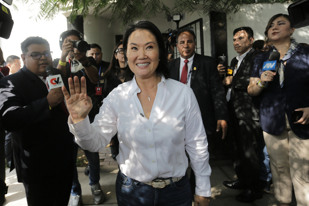 Keiko Fujimori, presidential candidate of the Popular Force party, after a breakfast with supporters on general elections day in Lima, Peru, Sunday, April 12, 2026. (AP Photo/Gerardo Marin)