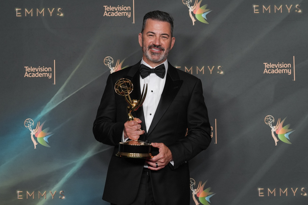 Jimmy Kimmel poses with the award for outstanding host for a game show for "Who Wants to Be a Millionaire?" during night one of the Creative Arts Emmy Awards on Saturday, Sept. 5, 2026, in Los Angeles. (AP Photo/Chris Pizzello)