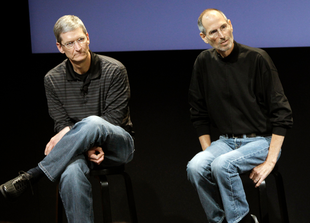 FILE - This July 16, 2010 photo shows Apple's Tim Cook, left, and Steve Jobs, right, during a meeting at Apple in Cupertino, Calif. (AP Photo/Paul Sakuma, File)