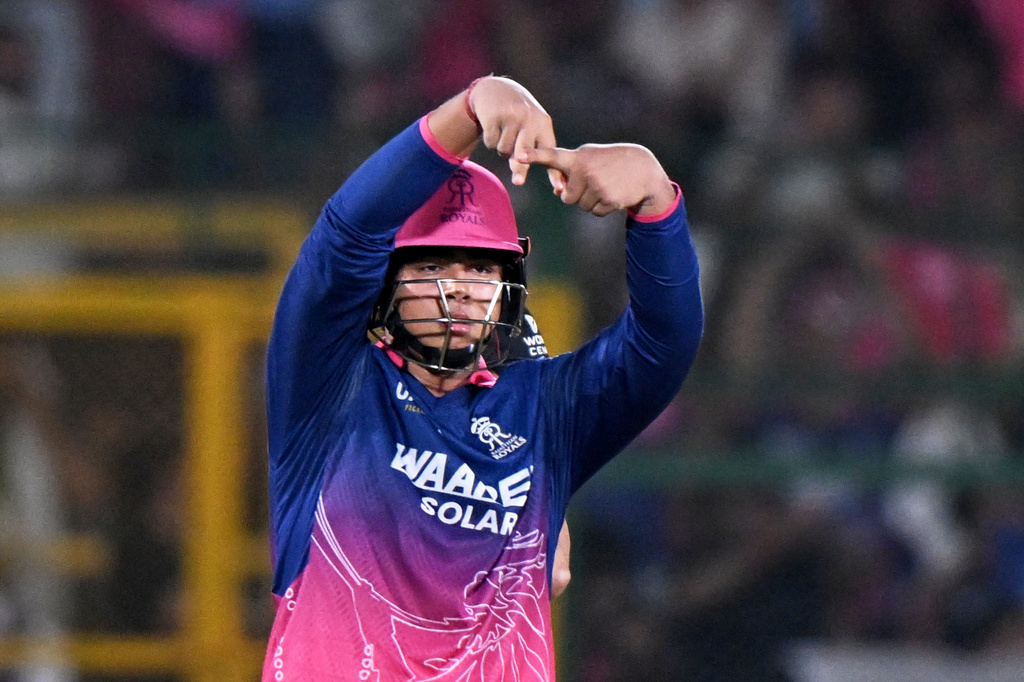 Rajasthan Royals' Vaibhav Sooryavanshi celebrates his fifty runs during the Indian Premier League cricket match between Lucknow Super Giants and Rajasthan Royals in Jaipur, India, Tuesday, May 19, 2026. (AP Photo)