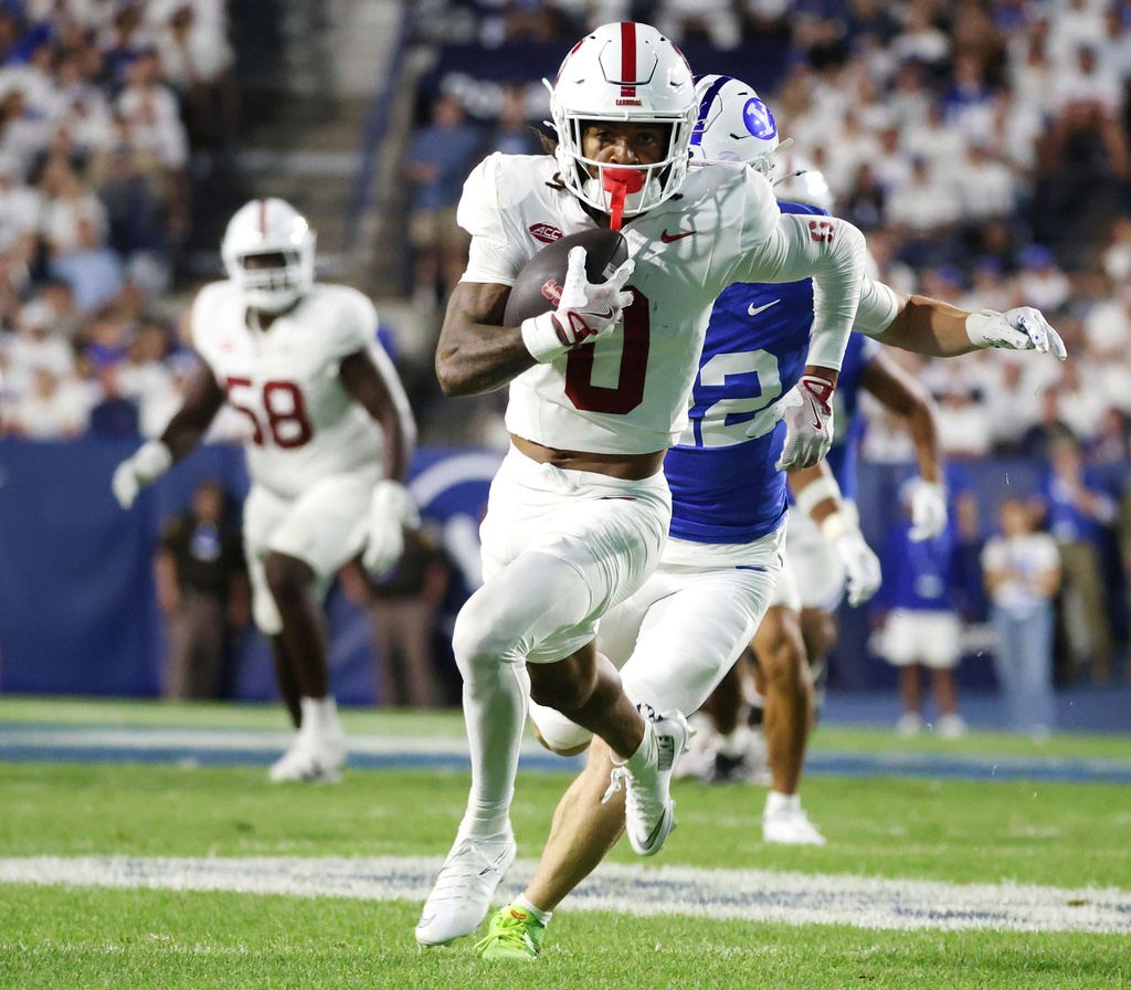 Stanford wide receiver Caden High (0) runs after a catch during the second half of an NCAA college football game against BYU, Saturday Sept. 6, 2025, in Provo, Utah. (AP Photo/Jeffrey D. Allred)