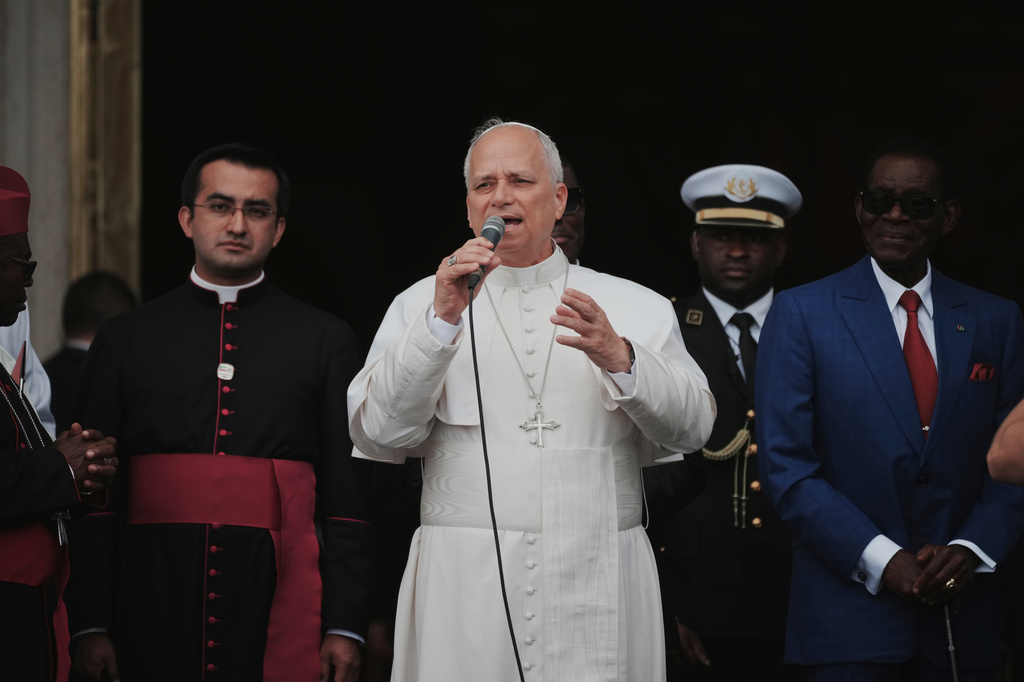 Pope Leo XIV delivers his speech upon his arrival at the Basilica of the Immaculate Conception of Mongomo, Equatorial Guinea, Wednesday, April 22, 2026, on the tenth day of his 11-day pastoral visit to Africa. (AP Photo/Andrew Medichini)
