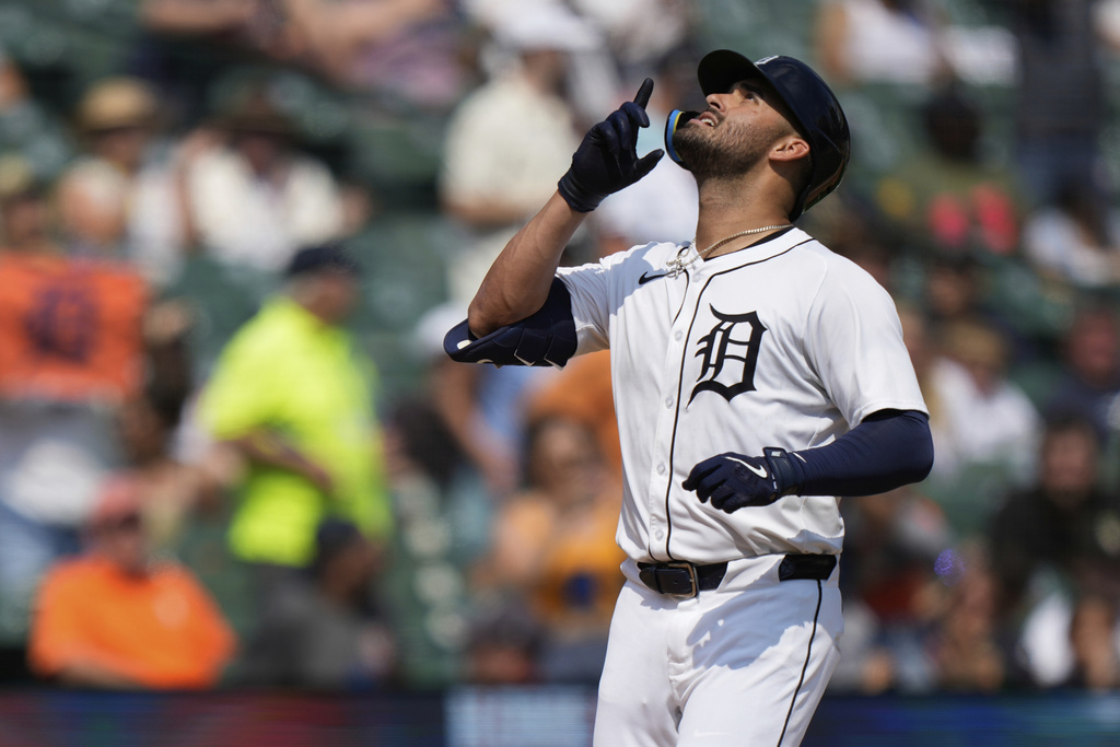 Detroit Tigers' Riley Greene celebrates after hitting a two-run home run during the sixth inning of a baseball game against the Los Angeles Angels, Sunday, Aug. 10, 2025, in Detroit. (AP Photo/Ryan Sun)