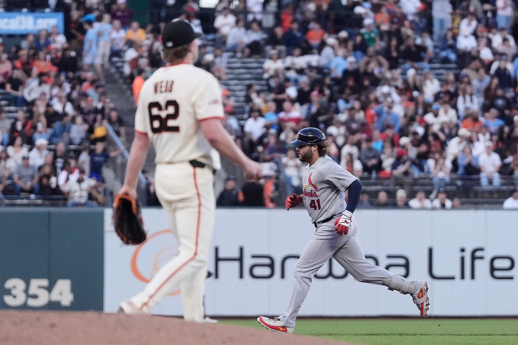 San Francisco Giants pitcher Logan Webb (62) reacts after a home run hit by St. Louis Cardinals' Alec Burleson (41) during the sixth inning of a baseball game, Monday, Sept. 7, 2026, in San Francisco. (AP Photo/Jeff Chiu)