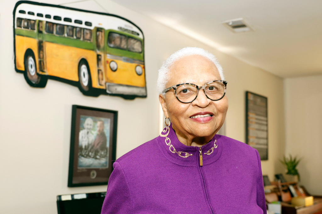 Dorris Crenshaw poses for photos for the 70th anniversary of Rosa Park's Bus Boycott, Monday, Nov. 24, 2025, in Montgomery, Ala. (AP Photo/Butch Dill)