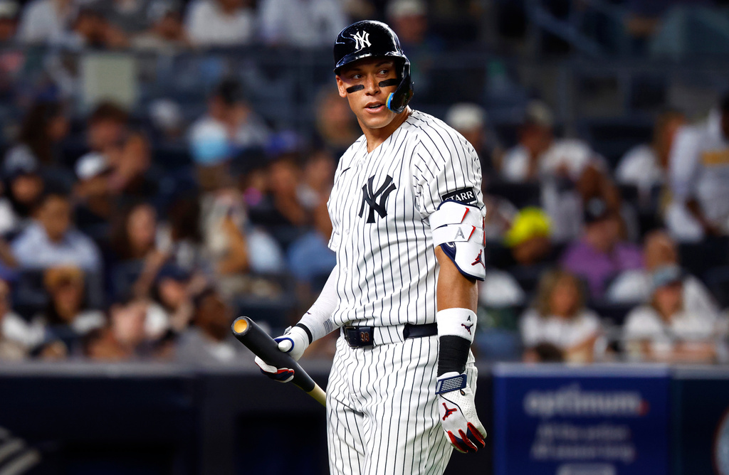 New York Yankees' Aaron Judge walks to the dugout after striking out during the sixth inning of a baseball game against the Colorado Rockies, Tuesday, Sept. 8, 2026, in New York. (AP Photo/Noah K. Murray)