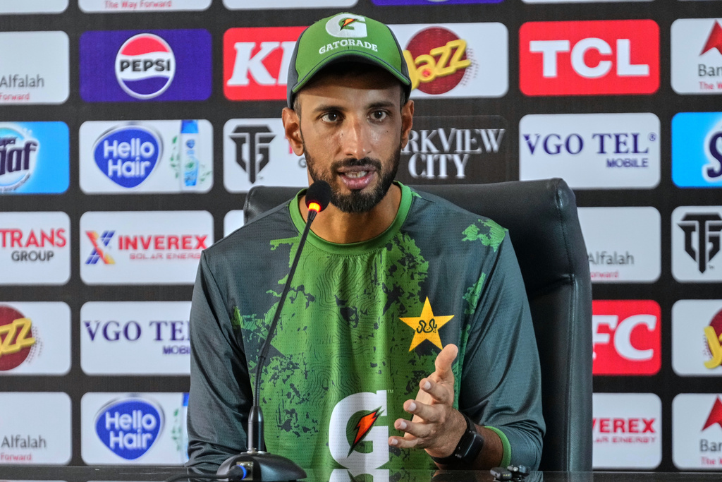 Pakistan's test team skipper Shan Masood speaks during a press conference, in Lahore, Pakistan, Saturday, Oct. 11, 2025. (AP Photo/K.M. Chaudary)