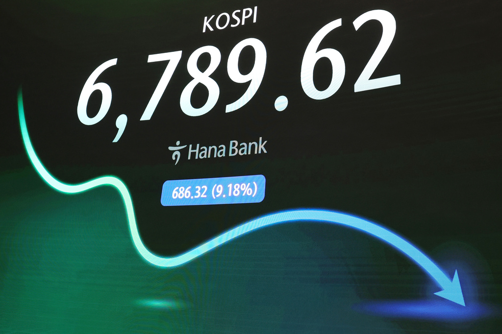 A screen shows the Korea Composite Stock Price Index (KOSPI) at a dealing room of Hana Bank in Seoul, South Korea, Monday, July 13, 2026. (Kim Ju-hyung/Yonhap via AP)