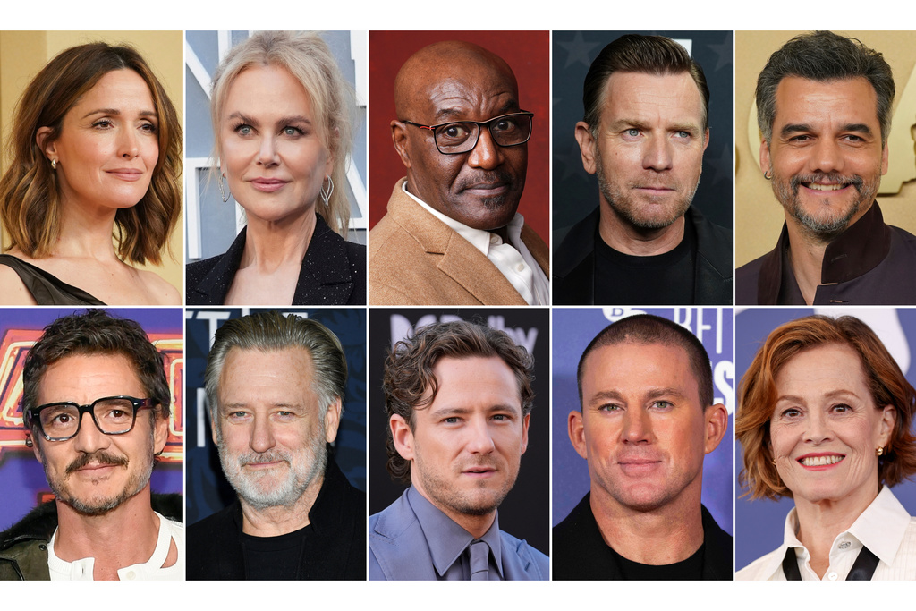 This combination of photos show, top row from left, Rose Byrne, Nicole Kidman, Delroy Lindo, Ewan McGregor and Wagner Moura, bottom row from left, Pedro Pascal, Bill Pullman, Lewis Pullman, Channing Tatum, and Sigourney Weaver. (AP Photo)