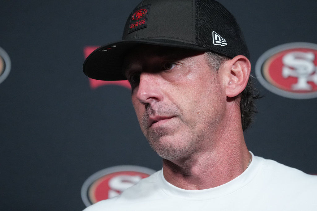 San Francisco 49ers head coach Kyle Shanahan speaks during a news conference following an NFL football game against the Houston Texans Sunday, Oct. 26, 2025, in Houston. (AP Photo/Eric Gay)