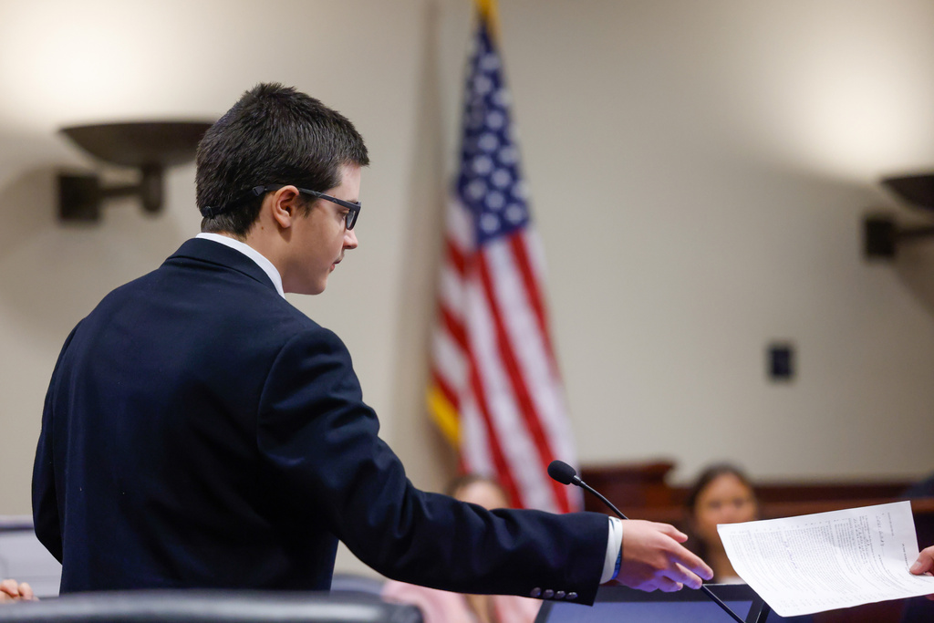 Colt Gray, the 16-year-old Apalachee High School shooting suspect, pleads guilty at Barrow County Superior Court in Winder, Ga., on Friday, July 24, 2026. (Arvin Temkar/Atlanta Journal-Constitution via AP)