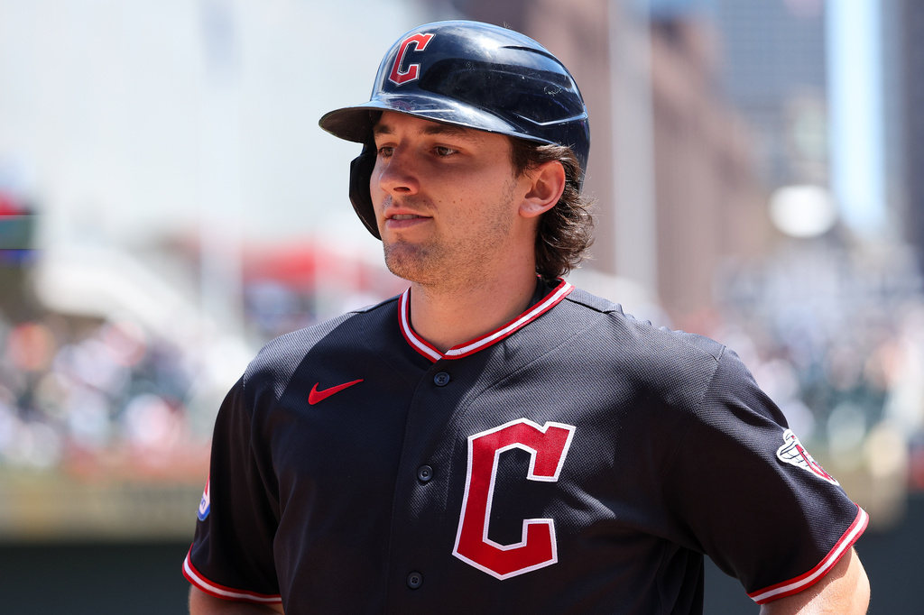 Cleveland Guardians designated hitter Chase DeLauter reacts to his solo home run during the sixth inning of a baseball game against the Minnesota Twins, Thursday, July 9, 2026, in Minneapolis. (AP Photo/Matt Krohn)