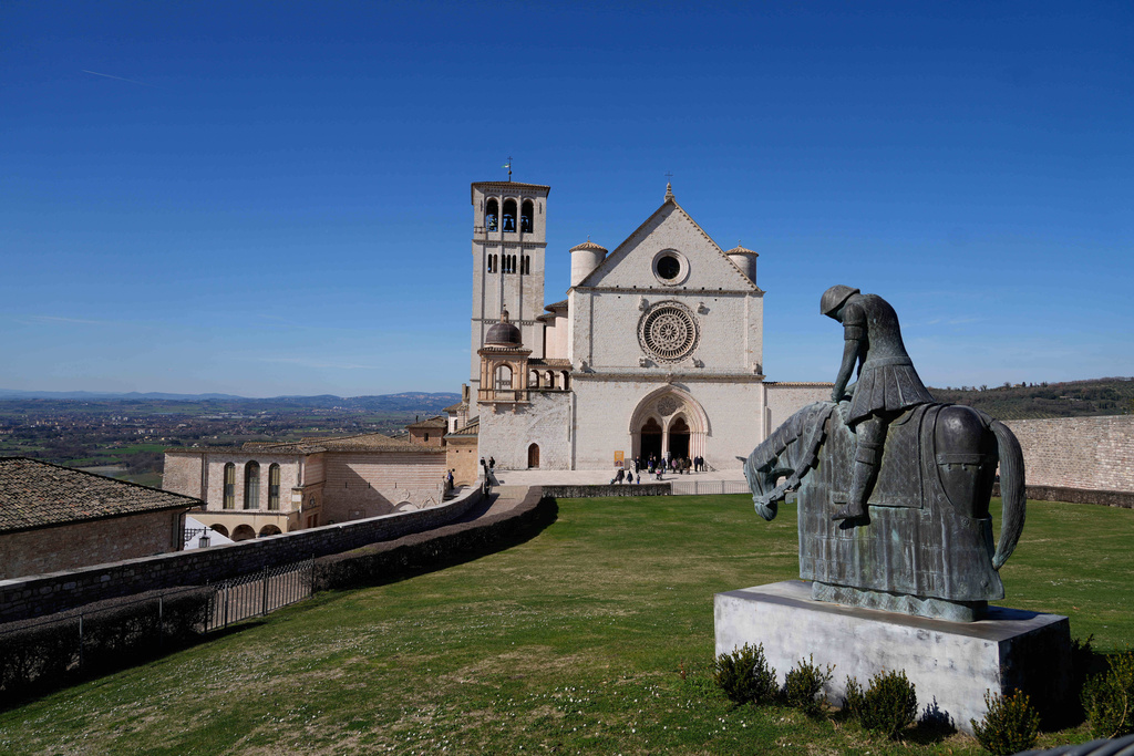 A general view of the Basilica of St. Francis in Assisi, Italy, Saturday, Feb. 21, 2026, on the eve of the public display of St. Francis' remains to mark the 800th anniversary of his death in 1226.(AP Photo/Gregorio Borgia)