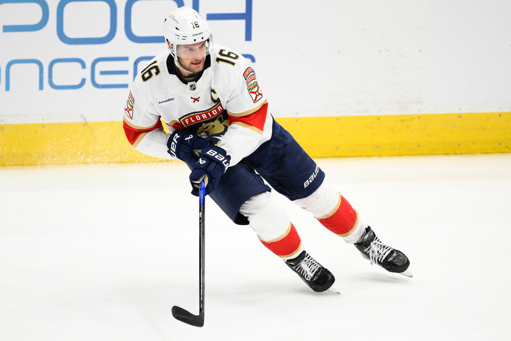 FILE - Florida Panthers center Aleksander Barkov (16) skates during the third period of an NHL hockey game against the Washington Capitals, Saturday, March 22, 2025, in Washington. (AP Photo/Nick Wass, File)