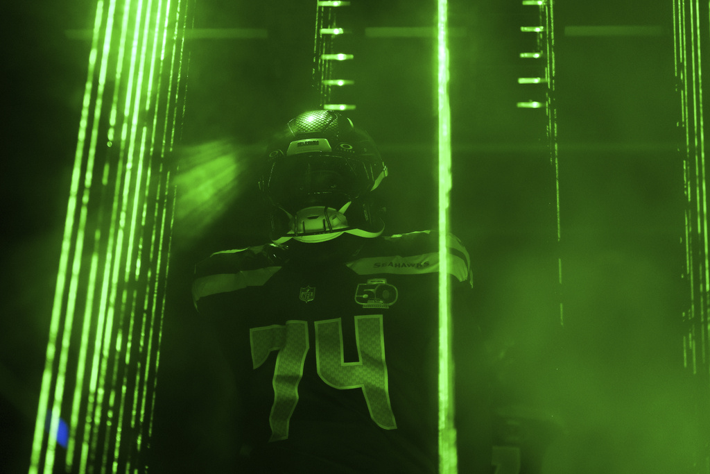 Seattle Seahawks guard Josh Jones (74) prepares to go onto the field before an NFL football game against the San Francisco 49ers, Sunday, Sept. 7, 2025, in Seattle. (AP Photo/Lindsey Wasson)