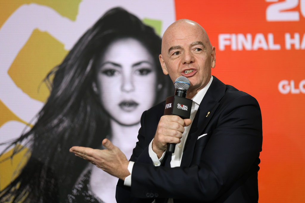 FIFA President Gianni Infantino speaks on a panel on the 2026 FIFA World Cup soccer tournament halftime show during the Global Citizen NOW summit, Thursday, May 14, 2026, in New York. (AP Photo/Heather Khalifa)