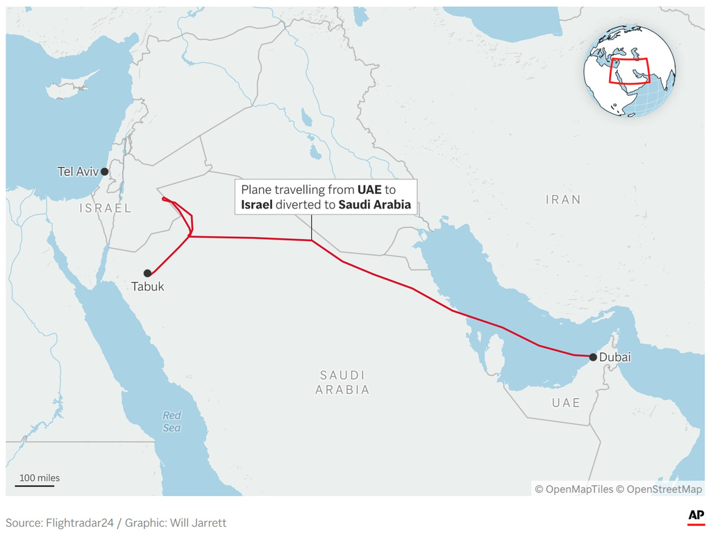 A map showing the route of a commercial plane diverted to Tabuk in Saudi Arabia. (AP Digital Embed)