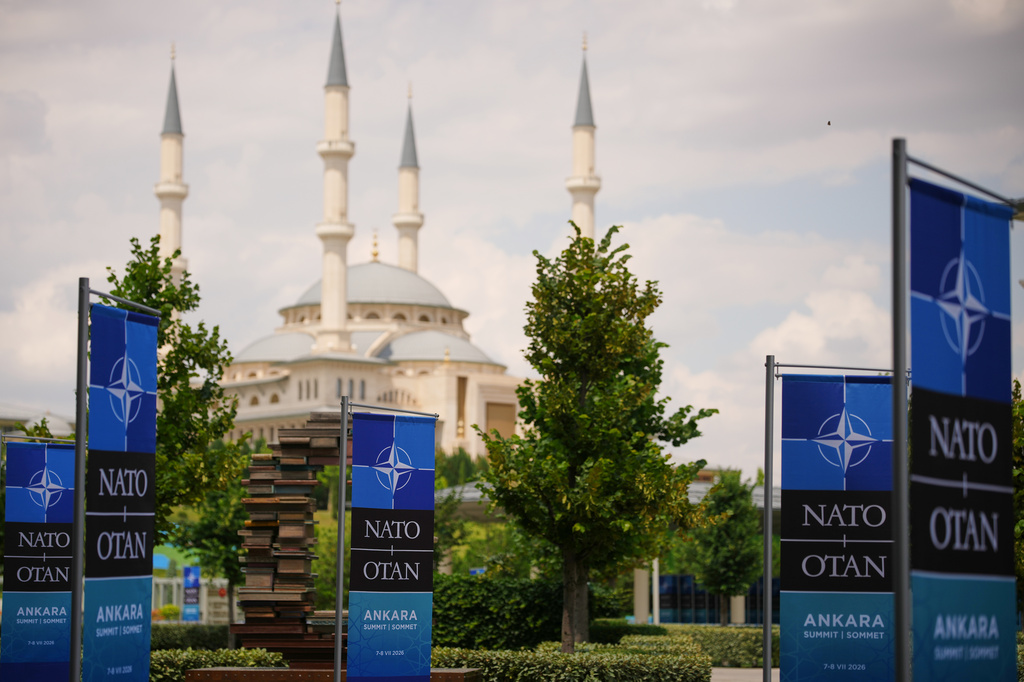 NATO banners in front of the Bestepe National Mosque ahead of the NATO Summit in Ankara, Turkey, Monday, July 6, 2026. (AP Photo/Emrah Gurel)