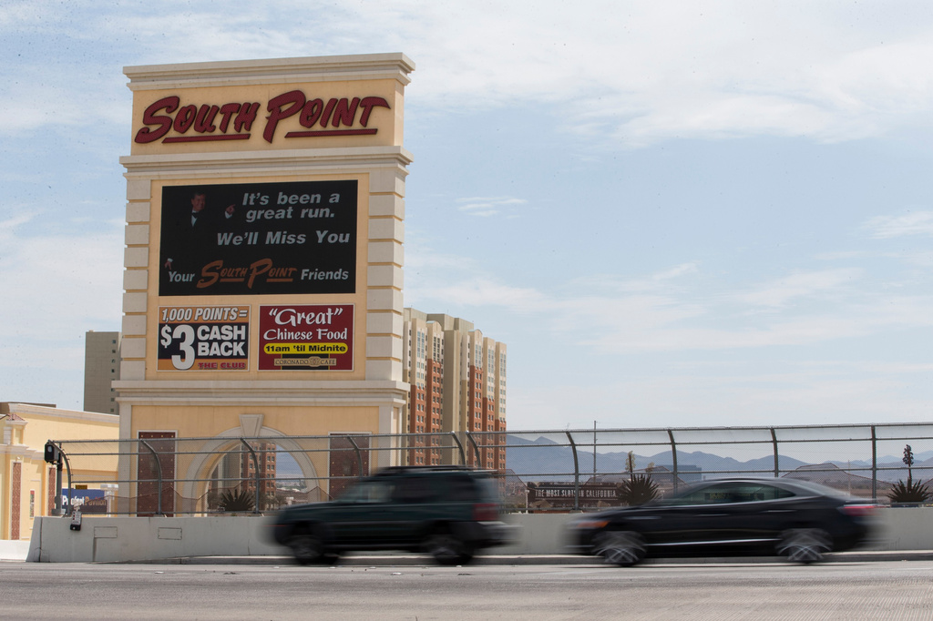 FILE - Cars pass the South Point Hotel, Casino & Spa in Las Vegas, Sept. 4, 2017. (Erik Verduzco/Las Vegas Review-Journal via AP, File)