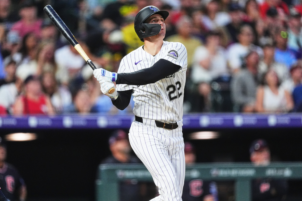 Colorado Rockies' Mickey Moniak watches his solo home run off Cleveland Guardians starting pitcher Tanner Bibee in the fifth inning of a baseball game Saturday, Aug. 22, 2026, in Denver. (AP Photo/David Zalubowski)