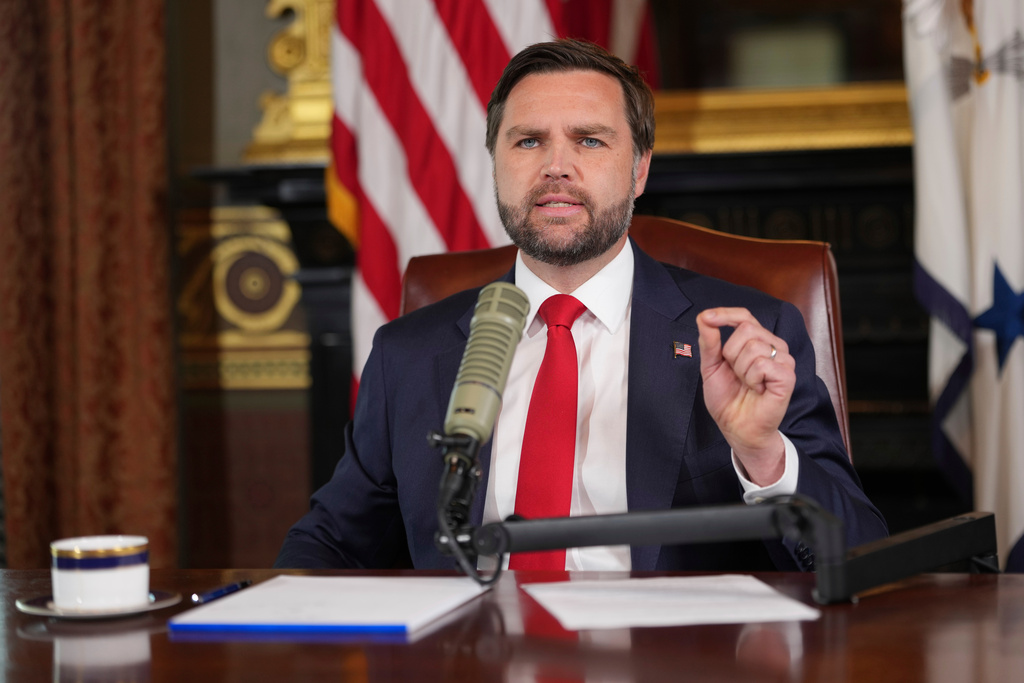 Vice President JD Vance hosts an episode of "The Charlie Kirk Show" at the White House, following the assassination of the show's namesake, Monday, Sept., 15, 2025, in Washington. (Doug Mills/The New York Times via AP, Pool)