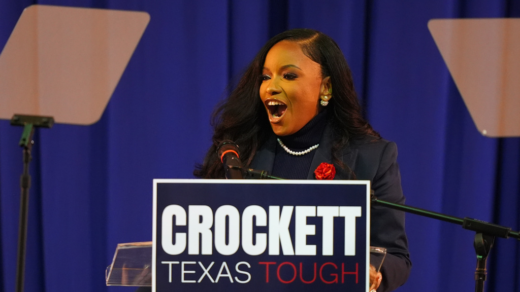 Rep. Jasmine Crockett, D-Texas, speaks to supporters after announcing her run in the Democratic primary for U.S. Senate, Monday, Dec. 8, 2025, in Dallas. (AP Photo/LM Otero)