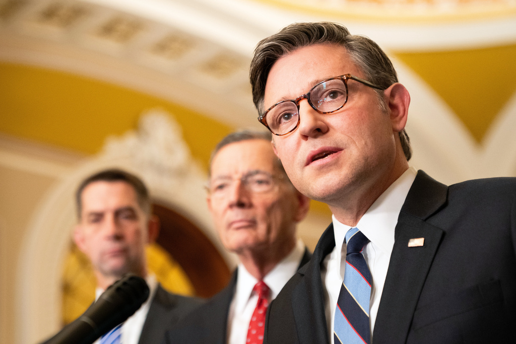 House Speaker Mike Johnson, R-La., speaks to reporters following the weekly Senate policy luncheon that he attended on Capitol Hill in Washington, Tuesday, Oct. 7, 2025. (AP Photo/Allison Robbert)
