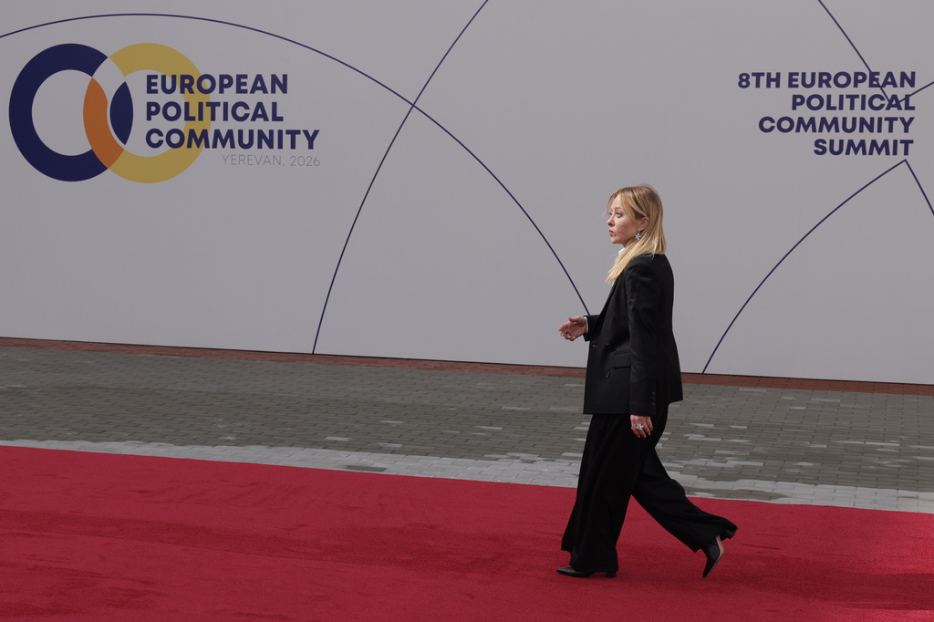 Italy's Prime Minister Giorgia Meloni arrives for a meeting of the European Political Community in Yerevan, Armenia, Monday, May 4, 2026. (AP Photo/Anthony Pizzoferrato)