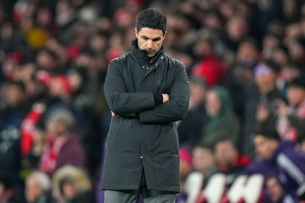 Arsenal's manager Mikel Arteta reacts on the touchline during the English Premier League soccer match between Arsenal and Manchester United in London, Sunday, Jan. 25, 2026. (AP Photo/Kirsty Wigglesworth)
