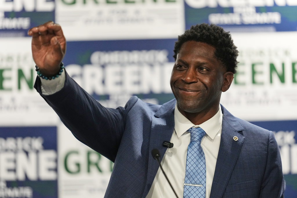 Chedrick Greene, Democratic candidate for 35th Senate District, speaks Tuesday, May 5, 2026 in Saginaw, Mich. (AP Photo/Paul Sancya)