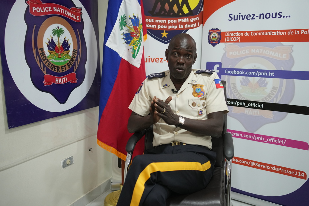 Haitian Police Chief Vladimir Paraison gives an interview at police headquarters in Port-au-Prince, Haiti, Friday, Feb. 27, 2026. (AP Photo/Odelyn Joseph)