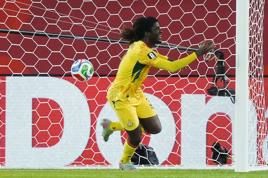 Ghana's Caleb Yirenkyi (3) celebrates scoring the opening goal during the World Cup Group L soccer match between Ghana and Panama in Toronto, Wednesday, June 17, 2026. (Nathan Denette/The Canadian Press via AP)