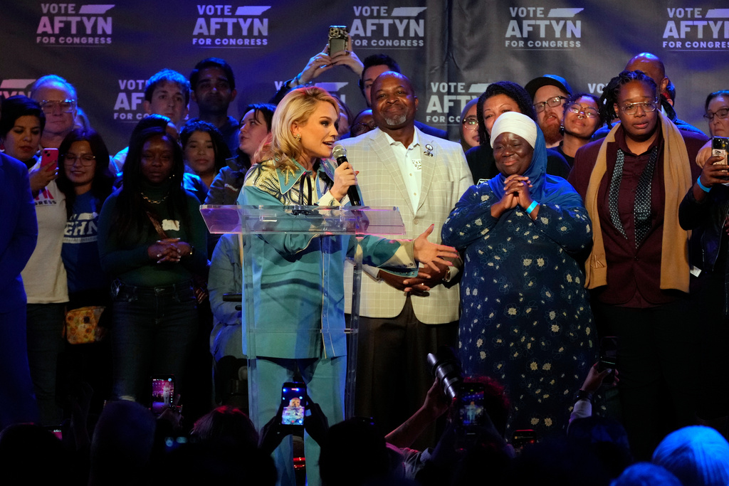 Democratic candidate State Rep. Aftyn Behn, D-Nashville, speaks to supporters at a watch party after losing a special election for the U.S. seventh congressional district, Tuesday, Dec. 2, 2025, in Nashville, Tenn. (AP Photo/George Walker IV)