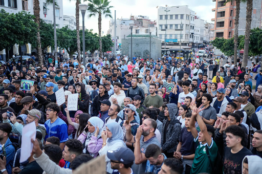 People take part in a youth led protest against corruption and calling for healthcare and education reforms, in Casablanca, Morocco, Sunday, Oct. 5, 2025. (AP Photo/Mosa'ab Elshamy) People take part in a youth led protest against corruption and calling for healthcare and education reforms, in Casablanca, Morocco, Sunday, Oct. 5, 2025. (AP Photo/Mosa'ab Elshamy)