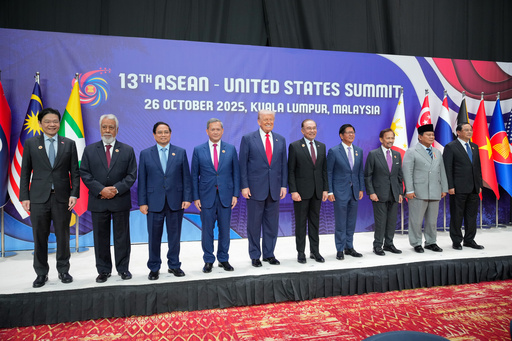 President Donald Trump, centre left, poses with other leaders during the ASEAN US Summit in Kuala Lumpur, Malaysia, Sunday, Oct. 26, 2025. (AP Photo/Vincent Thian, Pool) President Donald Trump, centre left, poses with other leaders during the ASEAN US Summit in Kuala Lumpur, Malaysia, Sunday, Oct. 26, 2025. (AP Photo/Vincent Thian, Pool)