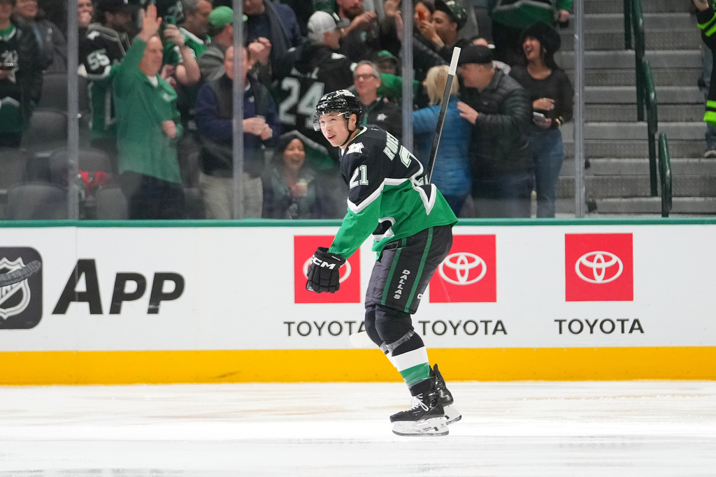 Dallas Stars left wing Jason Robertson skates after scoring a power play goal against the Winnipeg Jets during the second period of an NHL hockey game Monday, Feb. 2, 2026, in Dallas. (AP Photo/Julio Cortez)