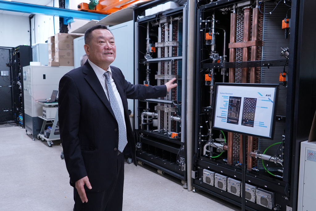 Asia Vital Components (AVC) Chairman Spencer Shen introduces the laboratory equipment during an interview with The Associated Press in New Taipei City, Taiwan, Friday, Jan. 30, 2026. (AP Photo/Chiang Ying-ying)