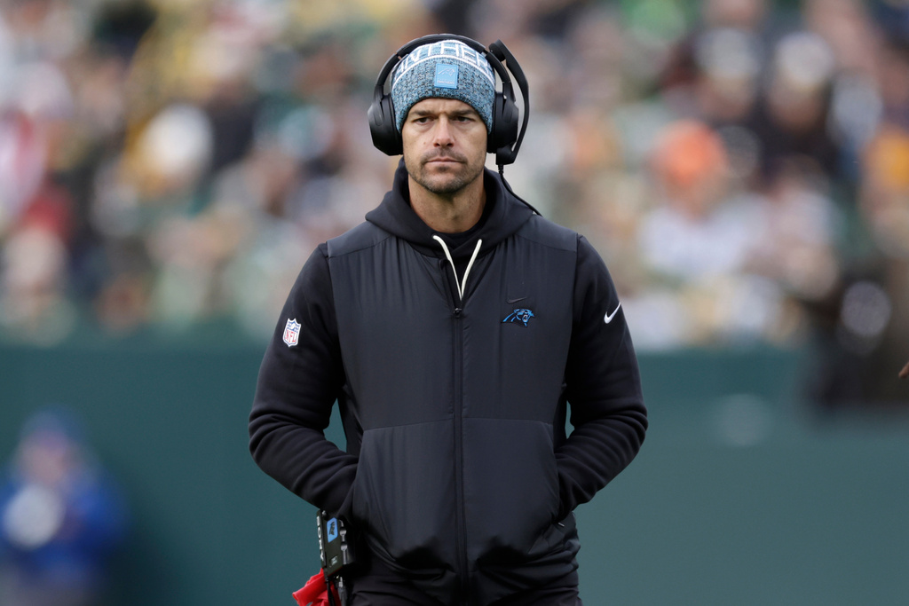 Carolina Panthers head coach Dave Canales looks on during the second half of an NFL football game against the Green Bay Packers, Sunday, Nov. 2, 2025, in Green Bay, Wis. (AP Photo/Matt Ludtke)