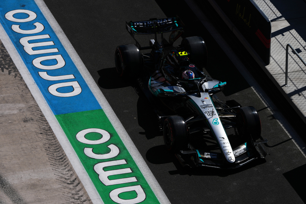 Mercedes driver Andrea Kimi Antonelli of Italy steers his car during the third free practice ahead of the Spanish Formula One Grand Prix in Madrid, Saturday, Sept. 12, 2026. (AP Photo/Manu Fernandez)