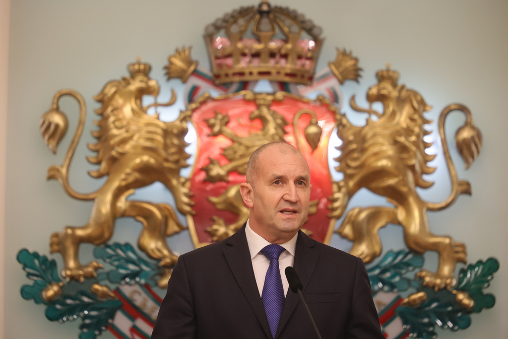 Bulgaria's President Rumen Radev announces that he is stepping down from his position at Bulgarian Presidency, Sofia, Bulgaria, Monday, Jan. 19, 2026 (AP Photo/Valentina Petrova)