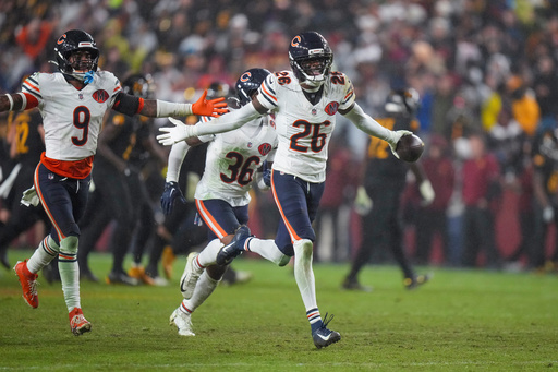 Chicago Bears cornerback Nahshon Wright (26) celebrates recovering a fumble during the second half of an NFL football game against the Washington Commanders, Monday, Oct. 13, 2025, in Landover, Md. (AP Photo/Stephanie Scarbrough) Chicago Bears cornerback Nahshon Wright (26) celebrates recovering a fumble during the second half of an NFL football game against the Washington Commanders, Monday, Oct. 13, 2025, in Landover, Md. (AP Photo/Stephanie Scarbrough)